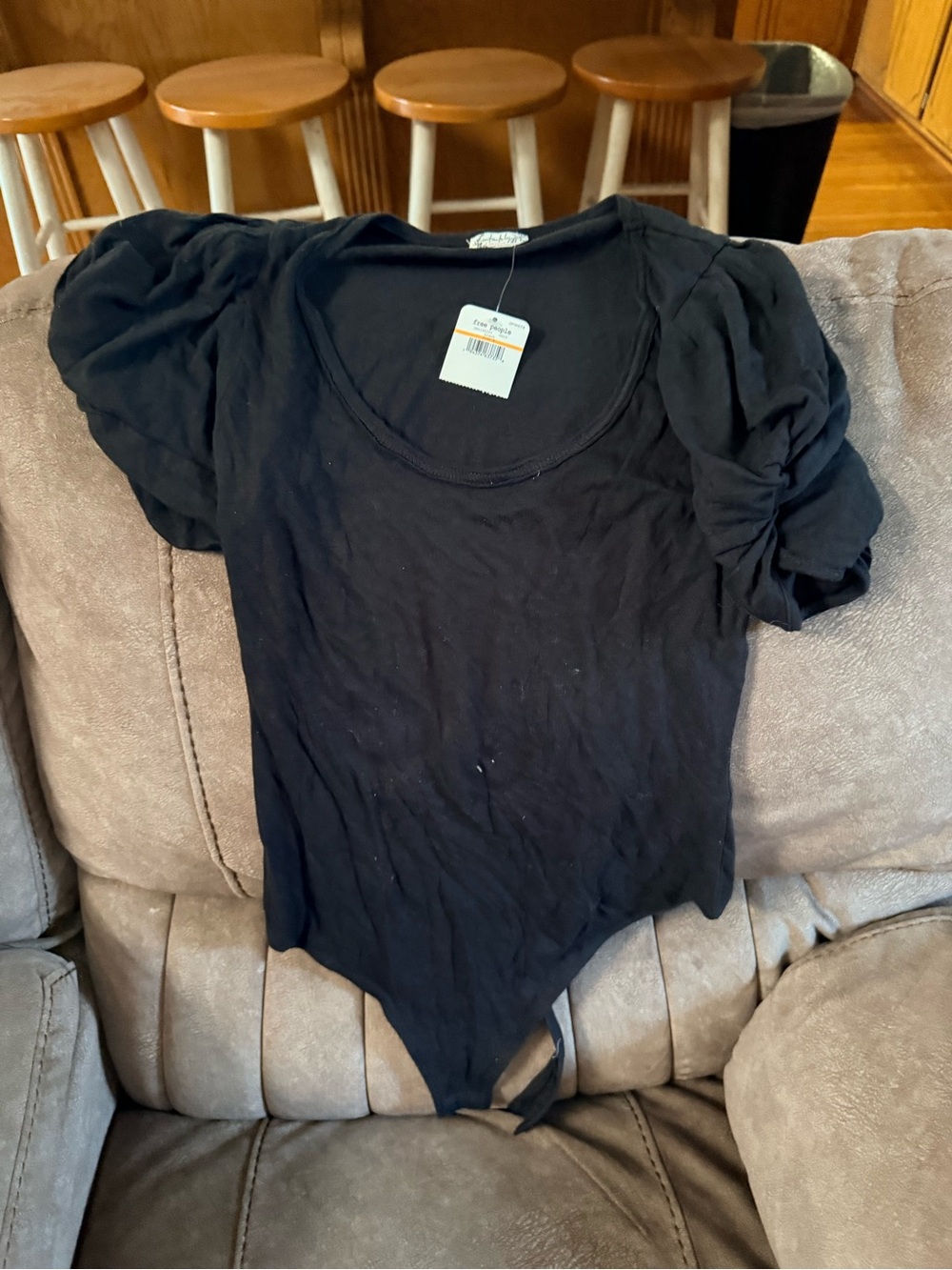 Free People Black Puff-Sleeve Scoop Neck Bodysuit